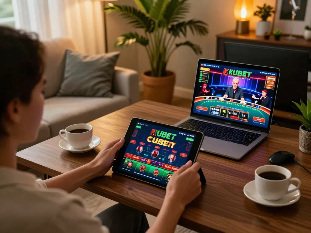 KUBET player enjoying a live casino experience on a tablet while sitting comfortably at home