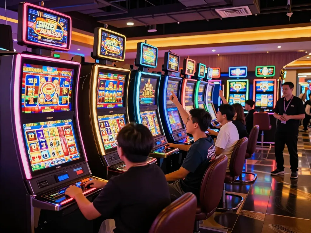 Players celebrating wins at Slot Malaysia's exciting casino slot machines, showcasing vibrant energy.