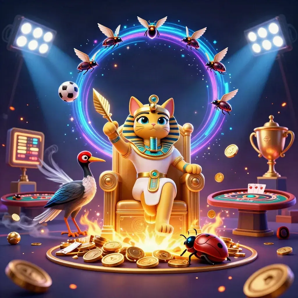 Pharaoh cat, ibis scribe and scarabs amid neon casino lights, balls, coins, treasure, and beams.