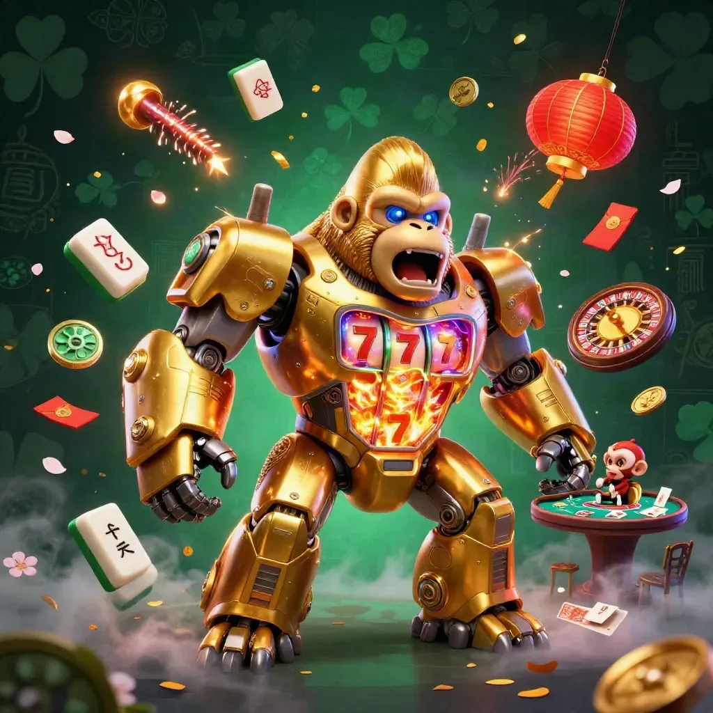Golden gorilla mech with a tiny monkey pilot amid neon casino treasure and lanterns.