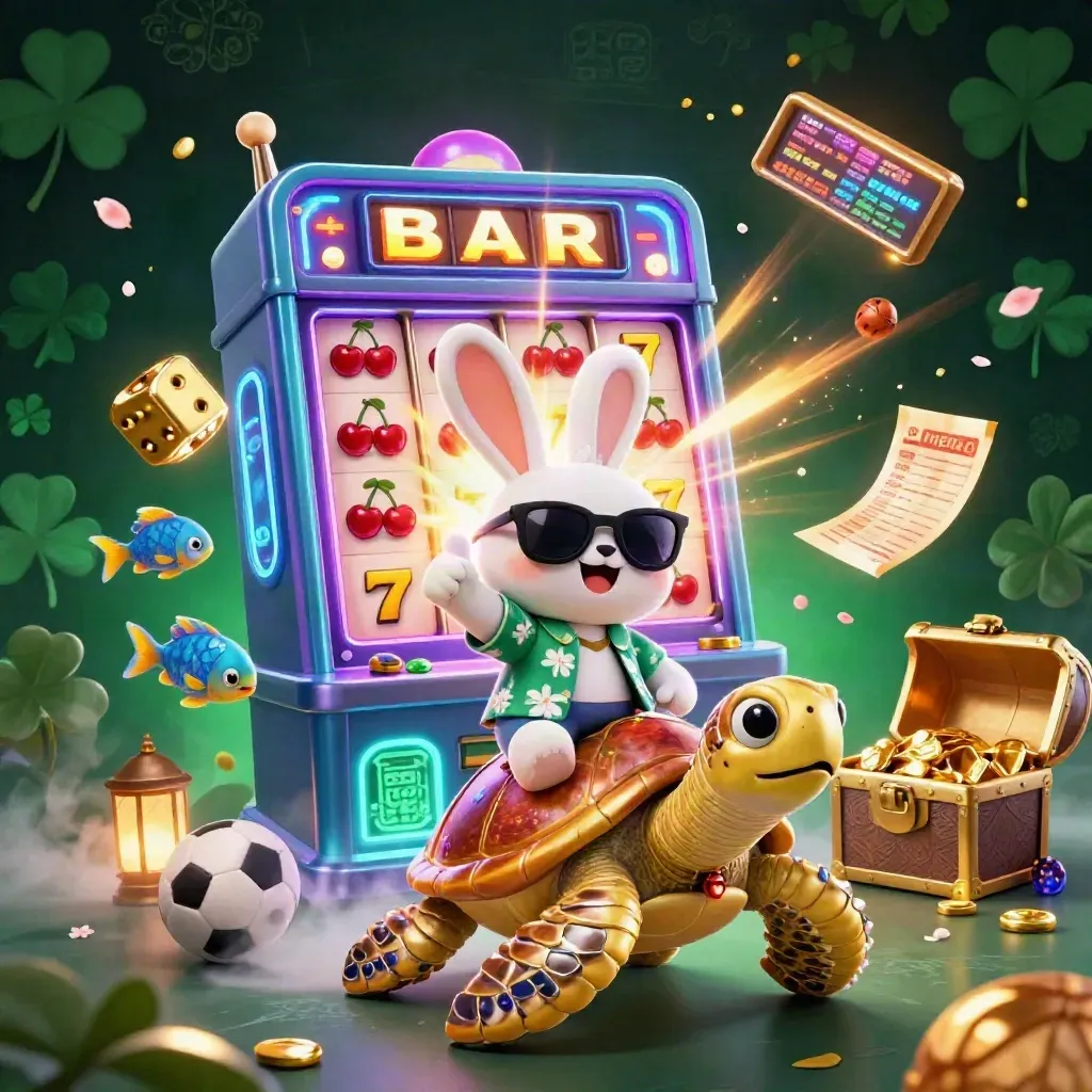Cartoon rabbit on a golden turtle amid slot bursts, dice, sports balls and neon casino glow.