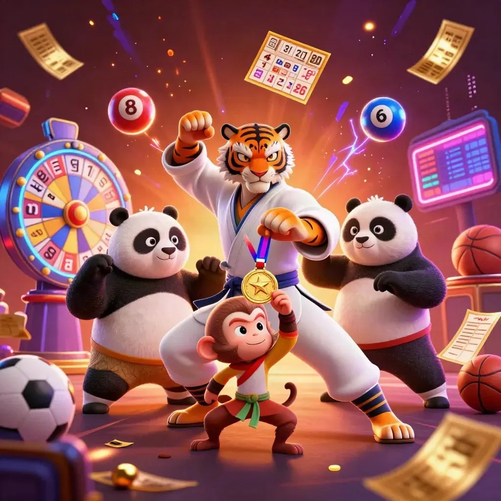 Kung-fu tiger, panda, and monkey amid casino balls, prize wheel, gold tickets, and neon energy