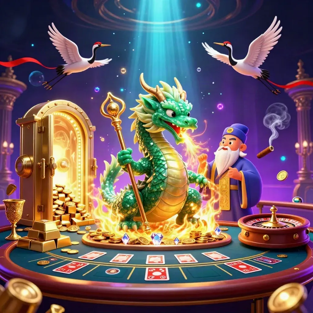 Dragon, turtle sage and cranes amid a vault door, gold, neon casino lights and particles.