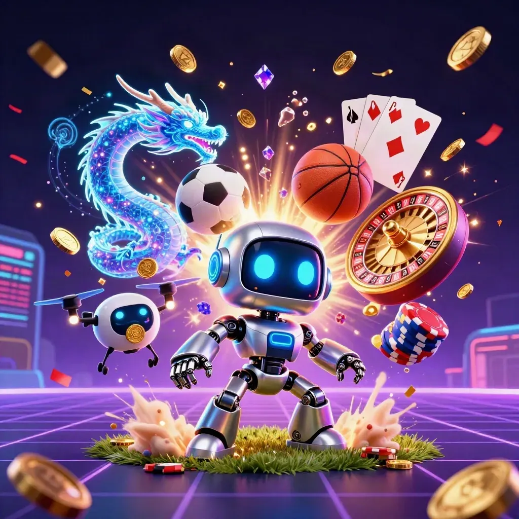 Neon robot, dragon and drone burst amid coins, cards and sports balls over a glowing casino grid.