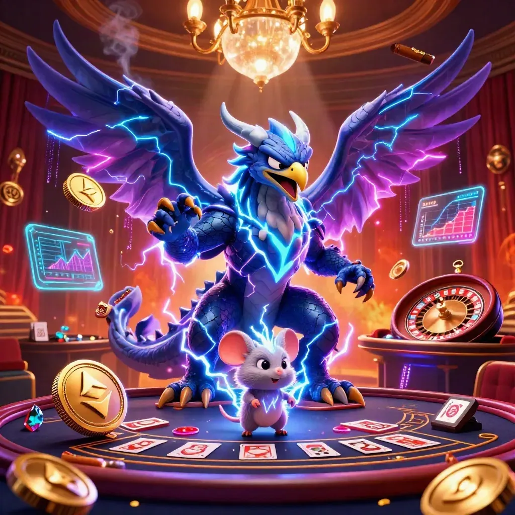 Thunder dragon, wind hawk, and static mouse amid casino lights, coins, and neon energy.