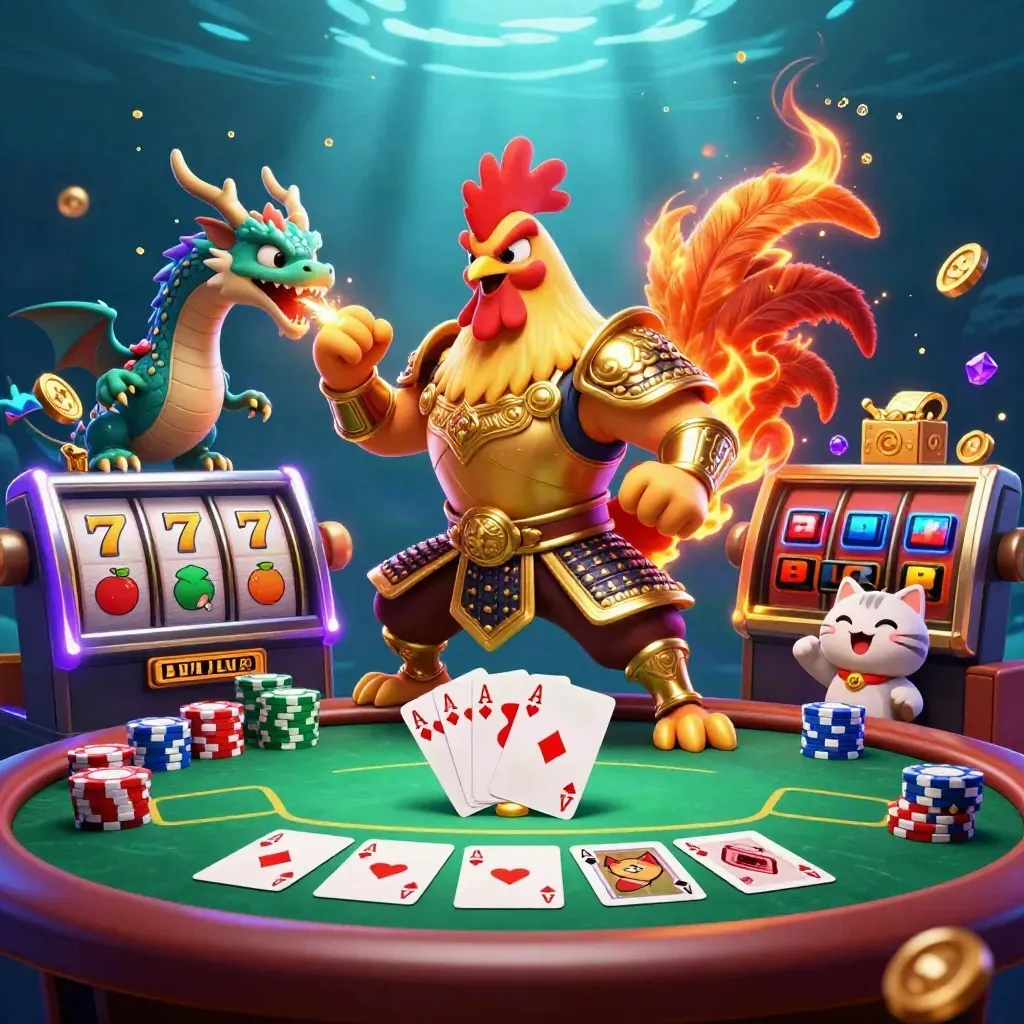 Rooster warrior, dragon hatchling and fortune cat amid neon casino chips, cards and glowing treasure