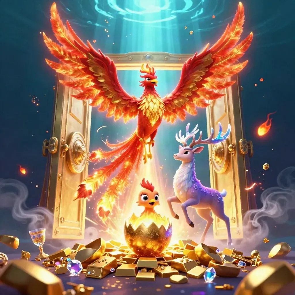 Phoenix, hatching baby phoenix, and crystal-antler stag burst from an open treasure vault