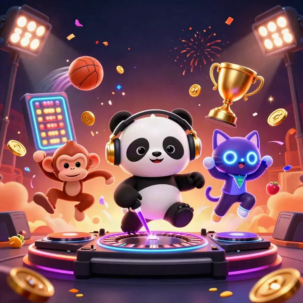 Panda DJ, breakdancing monkey and rave kitten amid coins, balls, trophy and neon casino sparks