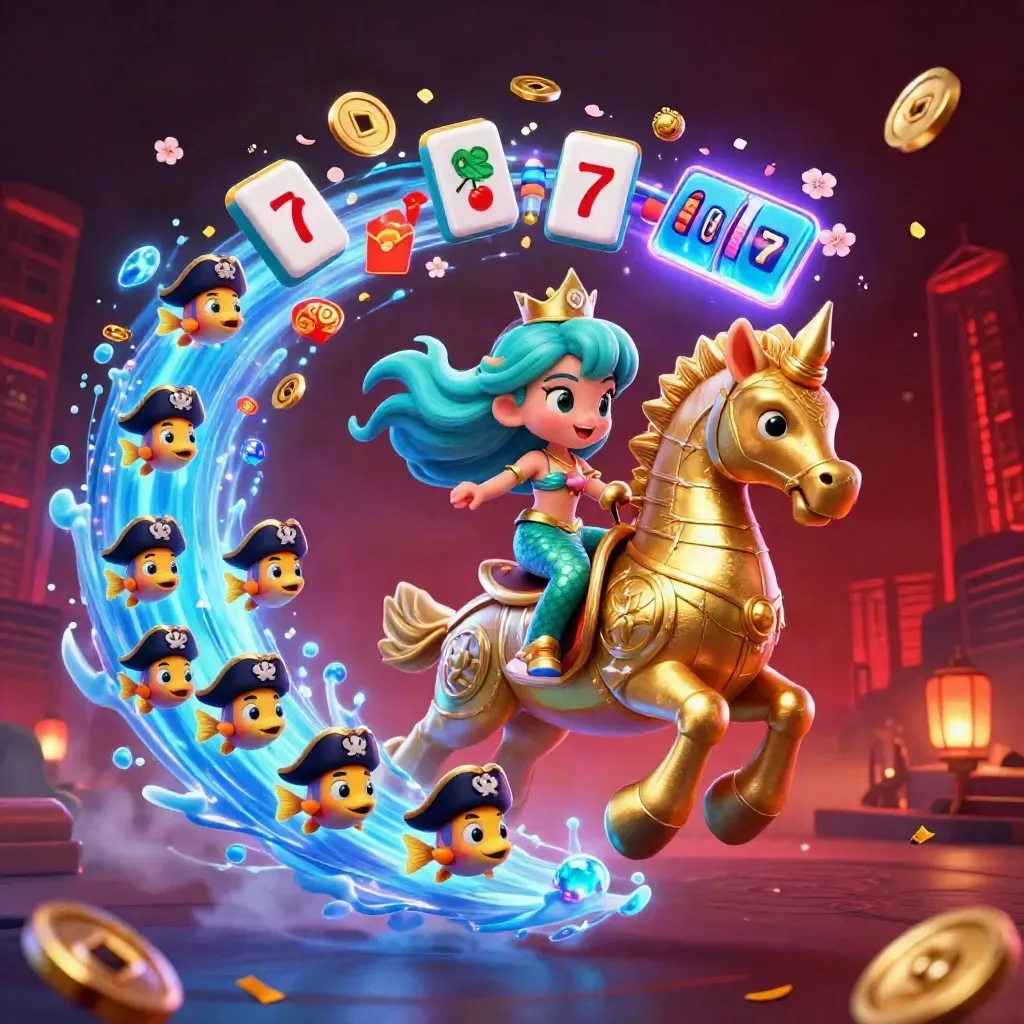 Mermaid princess rides a gold seahorse amid pirate fish, lanterns, jade coins, and casino sparkles