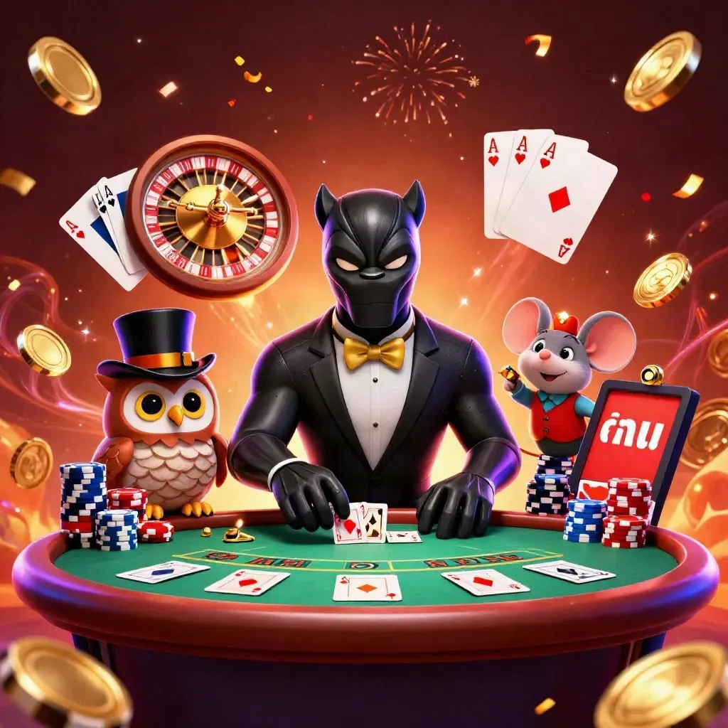 Panther, owl, and mouse celebrate amid casino chips, cards, vault light, and fireworks.