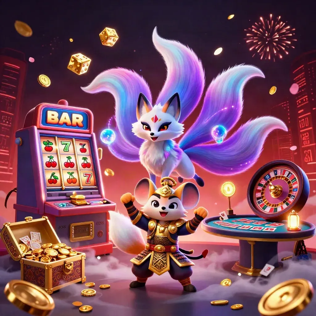 Neon fox spirit and armored mouse amid bursting slot symbols, gold coins, fireworks and casino glow.