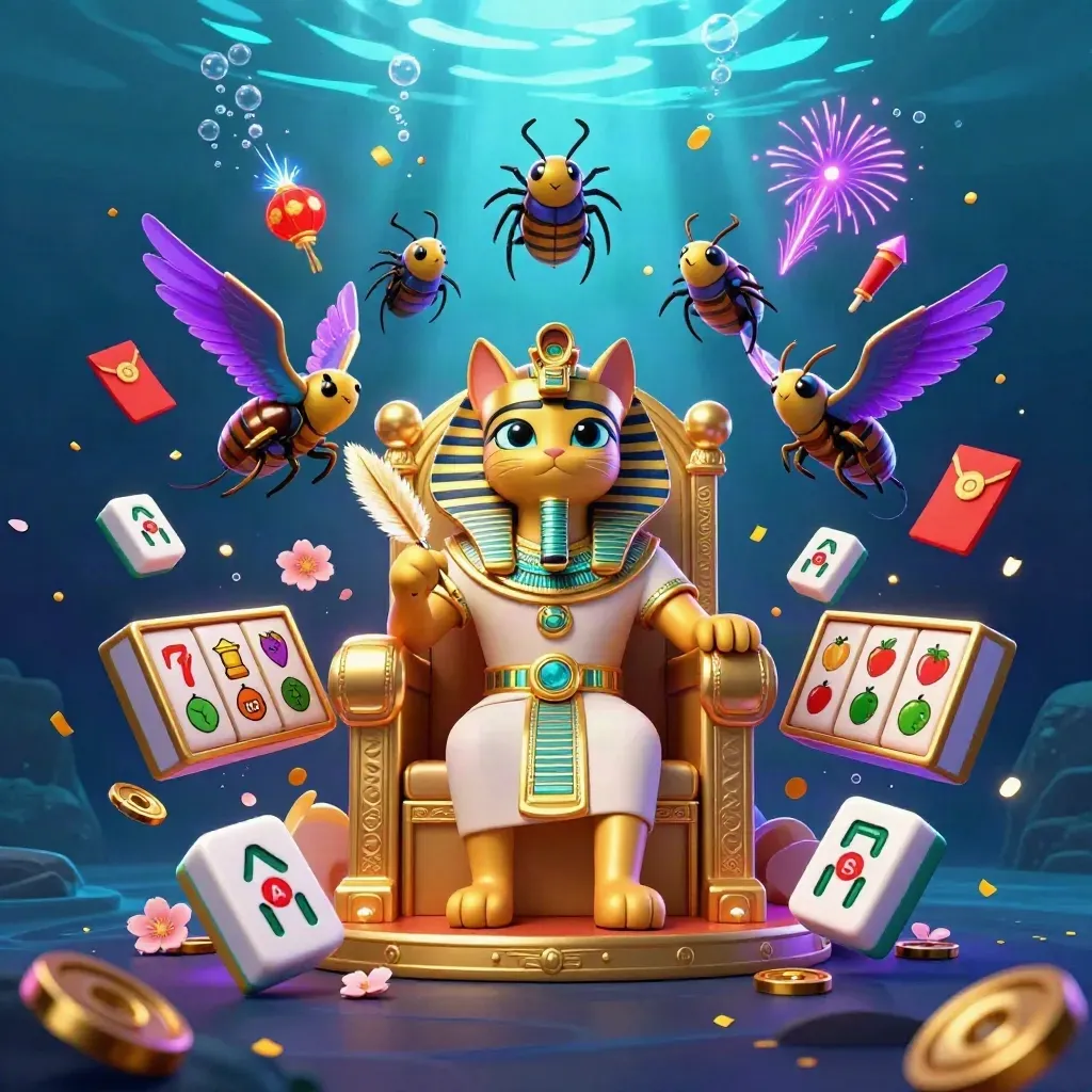 Pharaoh cat with ibis scribe and scarab beetles amid casino symbols in glowing underwater light