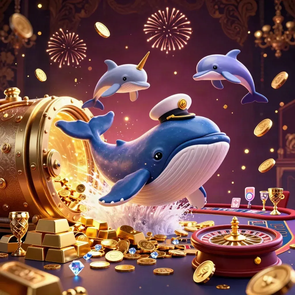 Whale, narwhal, and dolphins burst through coins beside a glowing vault in neon casino style.