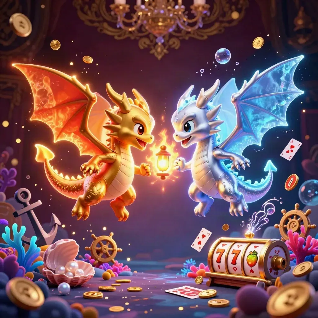 Twin gold and silver dragons in a yin-yang flight over a neon treasure cove with casino symbols.