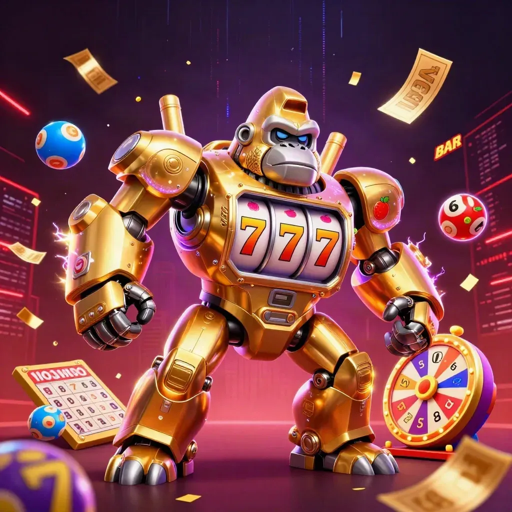 Golden gorilla slot-mech with monkey pilot, reels, lottery balls, prize wheel, and neon energy bursts.