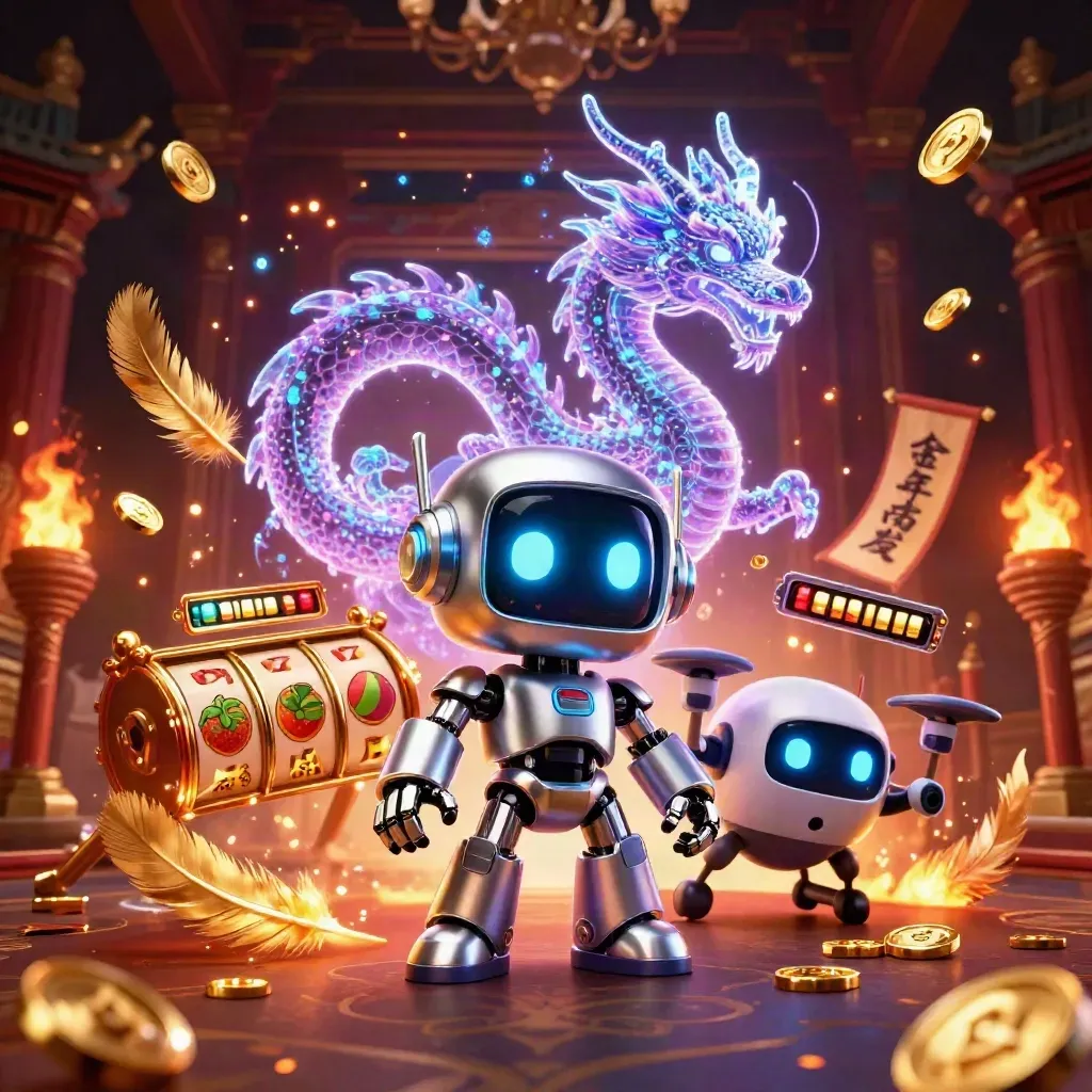 Cyberpunk robot, holographic dragon, and coin drone amid casino relics and neon gold light