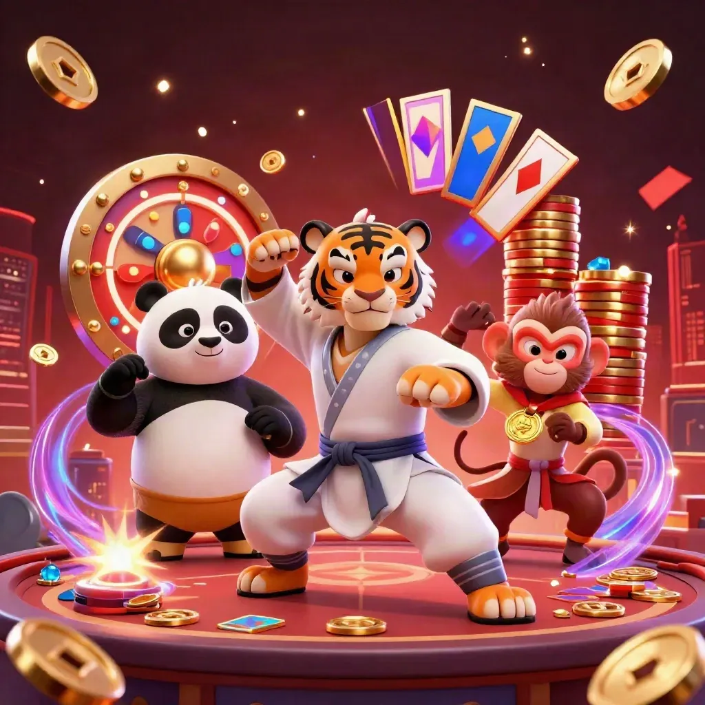 Tiger, panda and monkey casino heroes surrounded by coins, cards and a spinning roulette wheel.