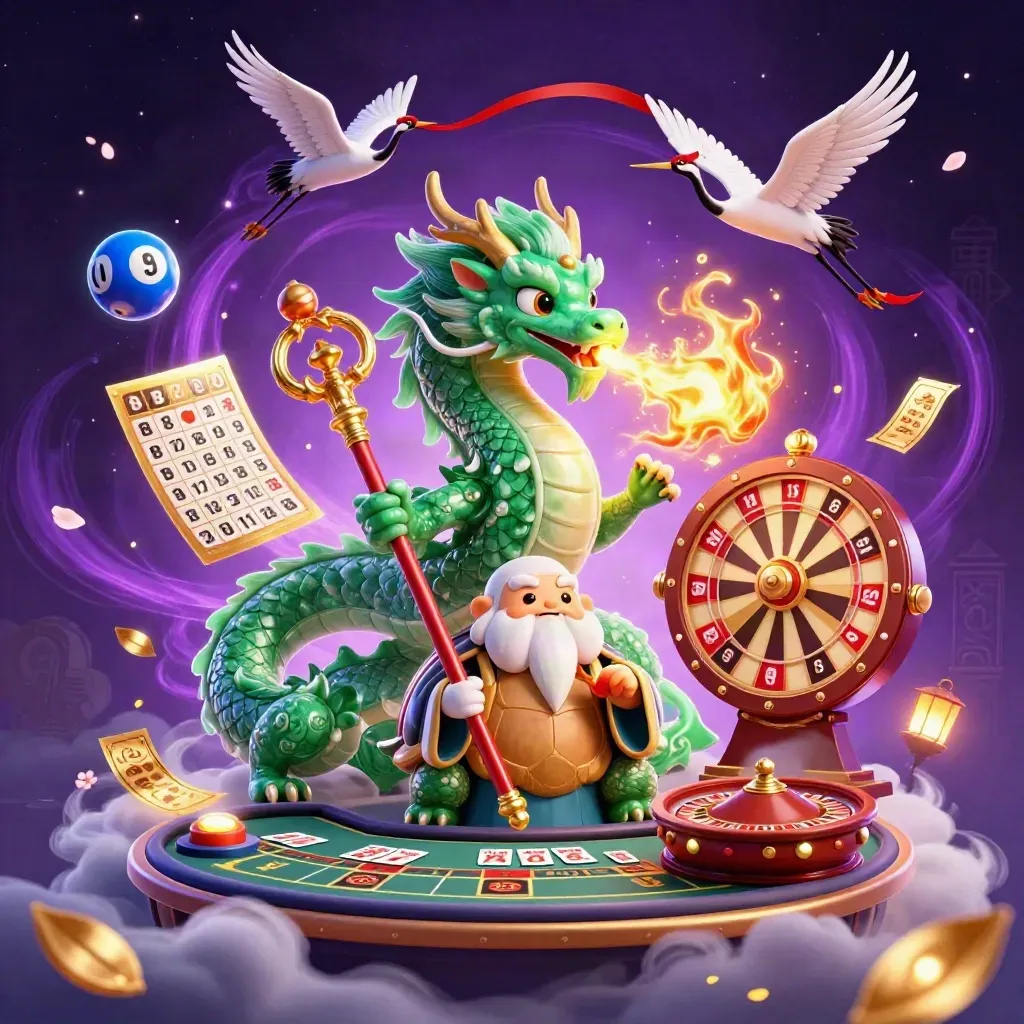 Dragon, turtle sage and cranes amid neon casino rewards and glowing magic