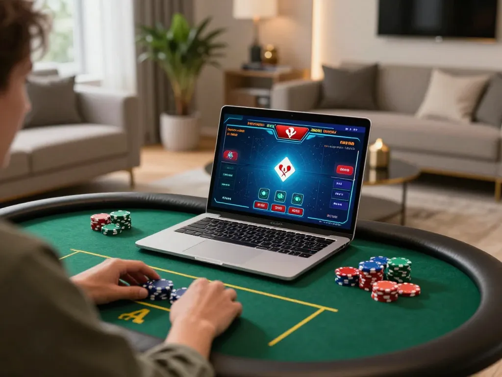 Player engaged in online poker gameplay on a laptop at home, showcasing 88clbgo gaming excitement