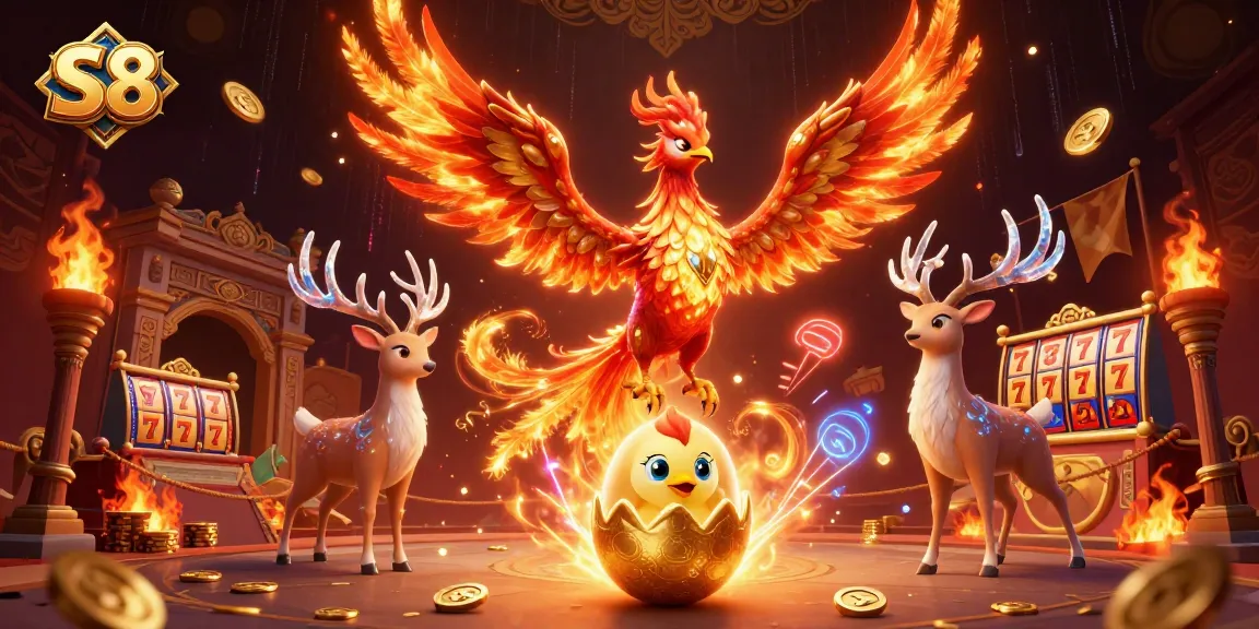 Experience thrilling gameplay with the S8 fire phoenix soaring over a vibrant casino scene.