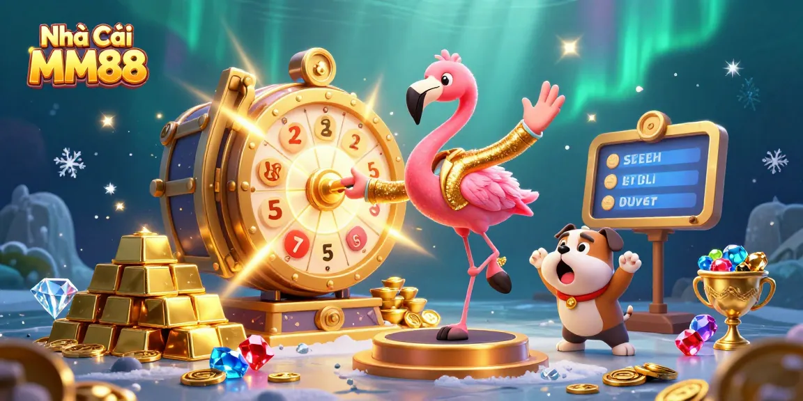 Engage with Nhà Cái MM88 as a flamingo host spins a prize wheel, illuminating gold treasures and gems.
