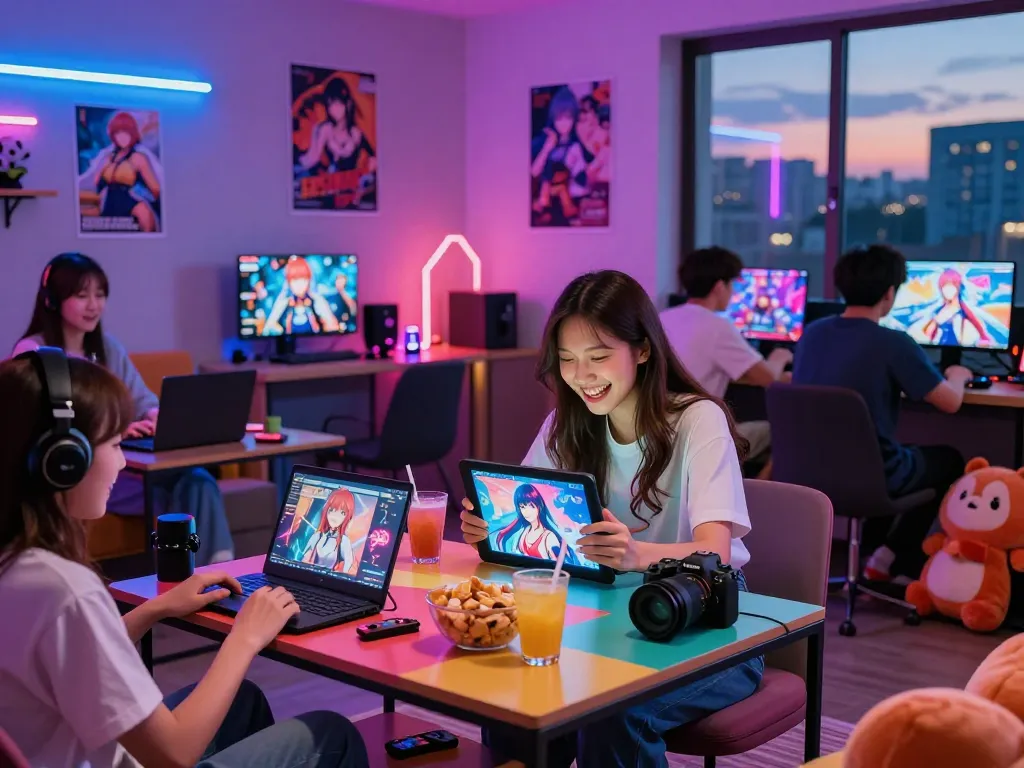 Friends enjoying a night of porn games in a vibrant gaming lounge with colorful lighting.