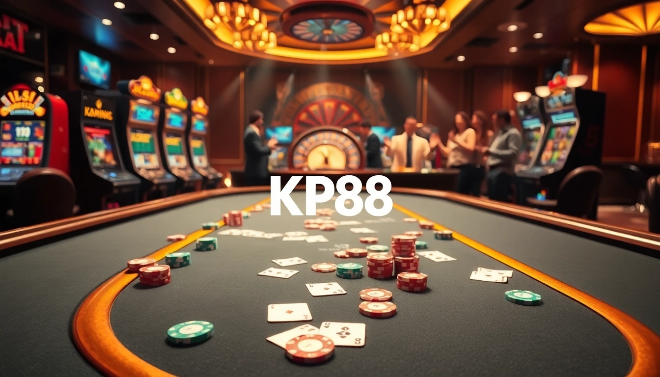 Experience the thrill of KP88 with an elegant casino scene showcasing poker, slot machines, and roulette.