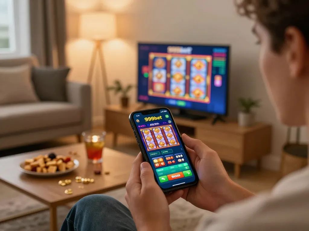 Player enjoying 999bet on a smartphone, surrounded by snacks in a cozy living room.