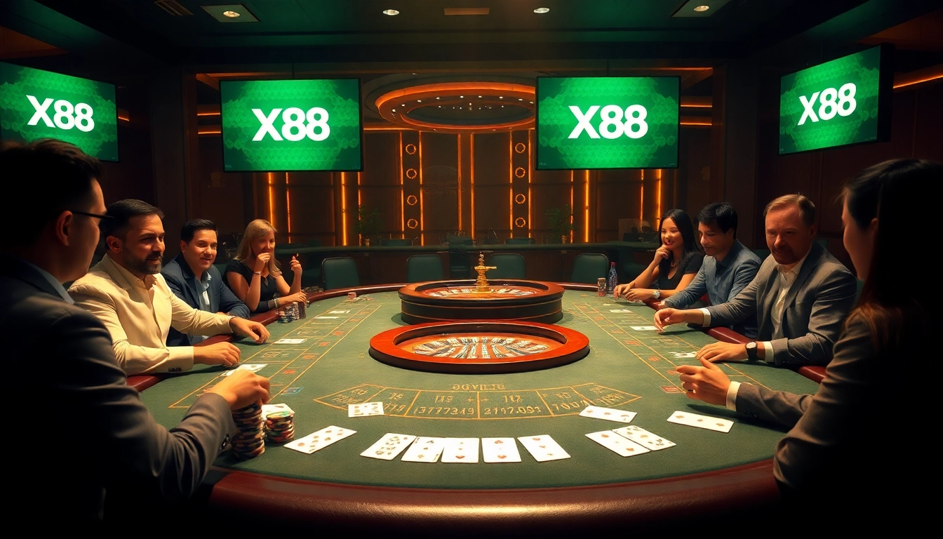 Players excitedly gamble at a luxury casino table representing nhà cái X88's thrilling offerings.