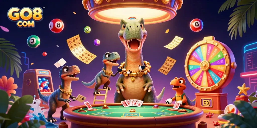 Engage with GO8 COM at a lively casino, featuring a towering dinosaur and animated lottery elements.