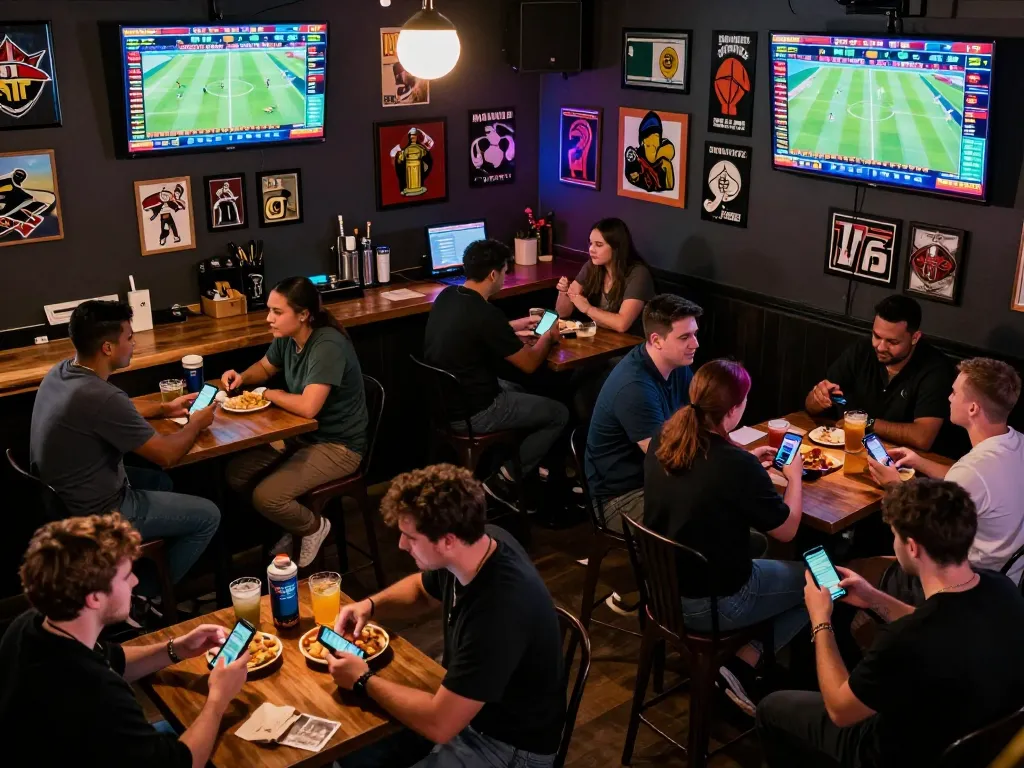 Engaged patrons at Nhà cái FIVE88 enjoy live sports betting in a vibrant bar atmosphere.