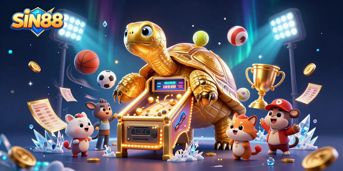 SIN88 showcases a dynamic gaming atmosphere with a colossal tortoise and sports elements for interactive fun.