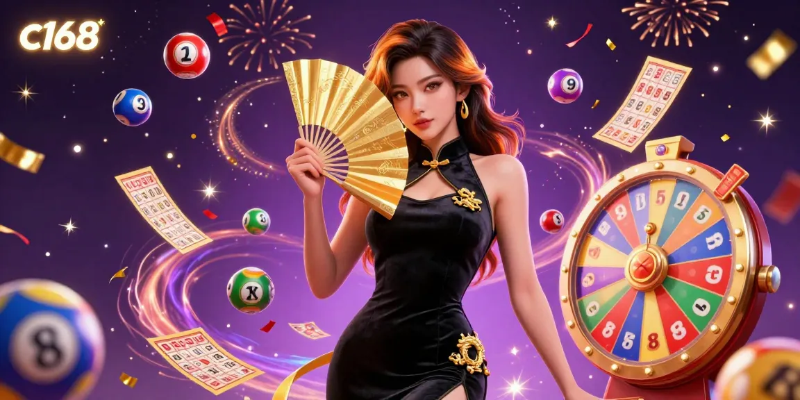 Engage with c168's vibrant gaming experience featuring a captivating Asian woman and animated lottery elements.