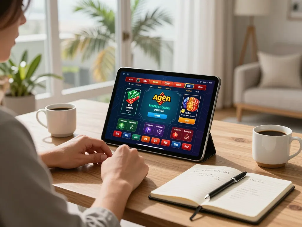 A person using a tablet for agen casino online gaming in a bright home office, showcasing strategic notes.