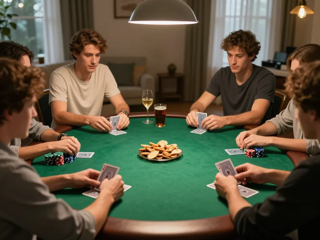 Kuwin players enjoying a lively poker night at home with friends and snacks.