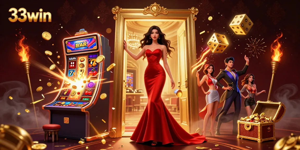 Experience the thrill of winning at 33win with a vibrant casino scene featuring a jackpot explosion.