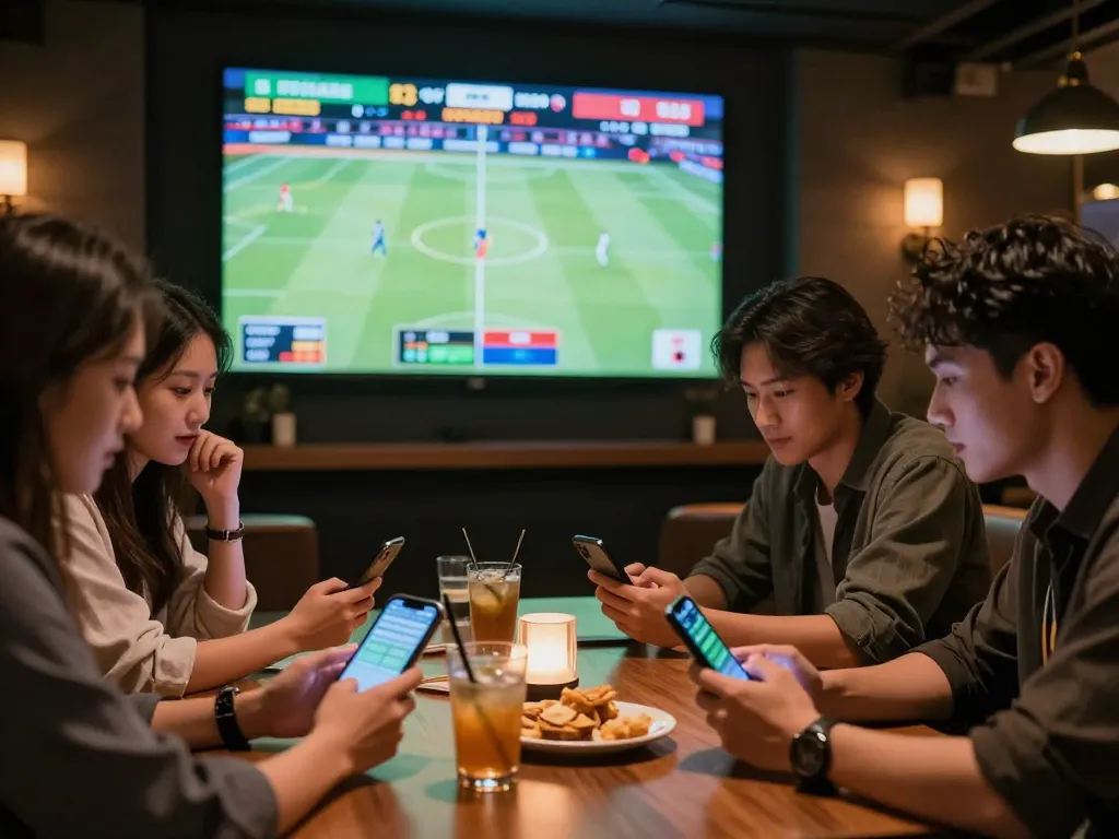 Engaged group analyzing betting odds on their smartphones at keonhacai5 sports lounge.