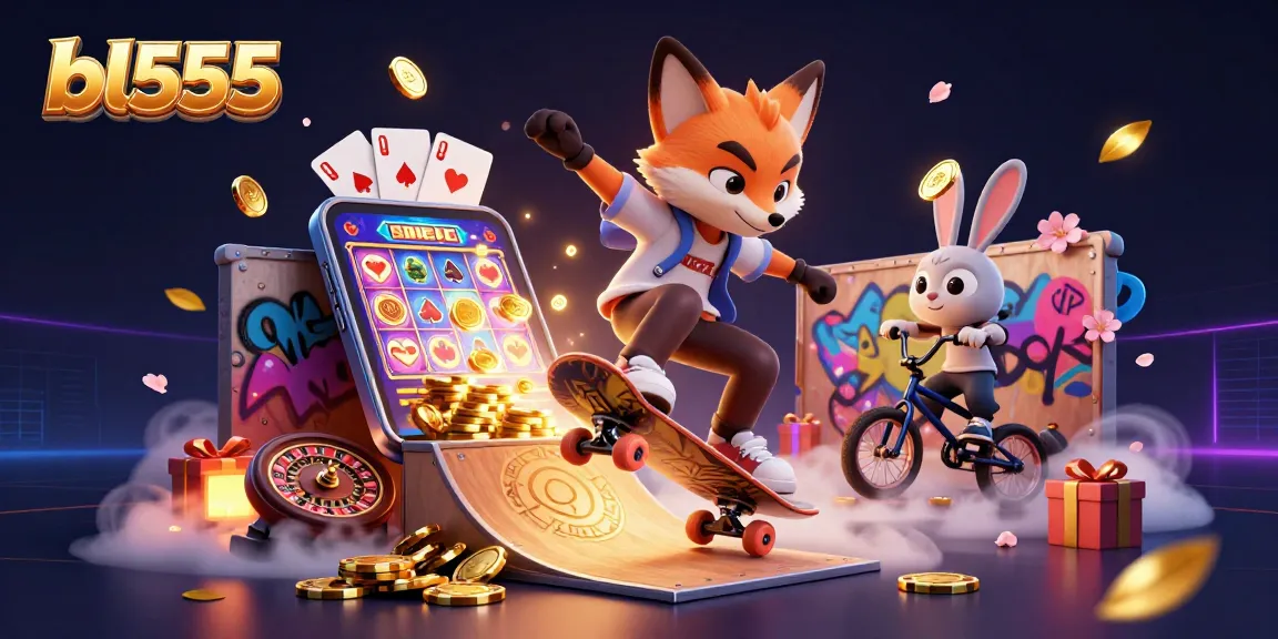 bl555 animated casino scene featuring a skateboarder fox and BMX rabbit with vibrant slot game elements