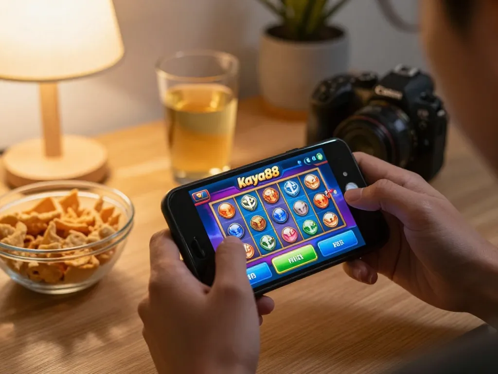 Kaya88 player enjoying mobile slots with vibrant app interface at home gaming setup