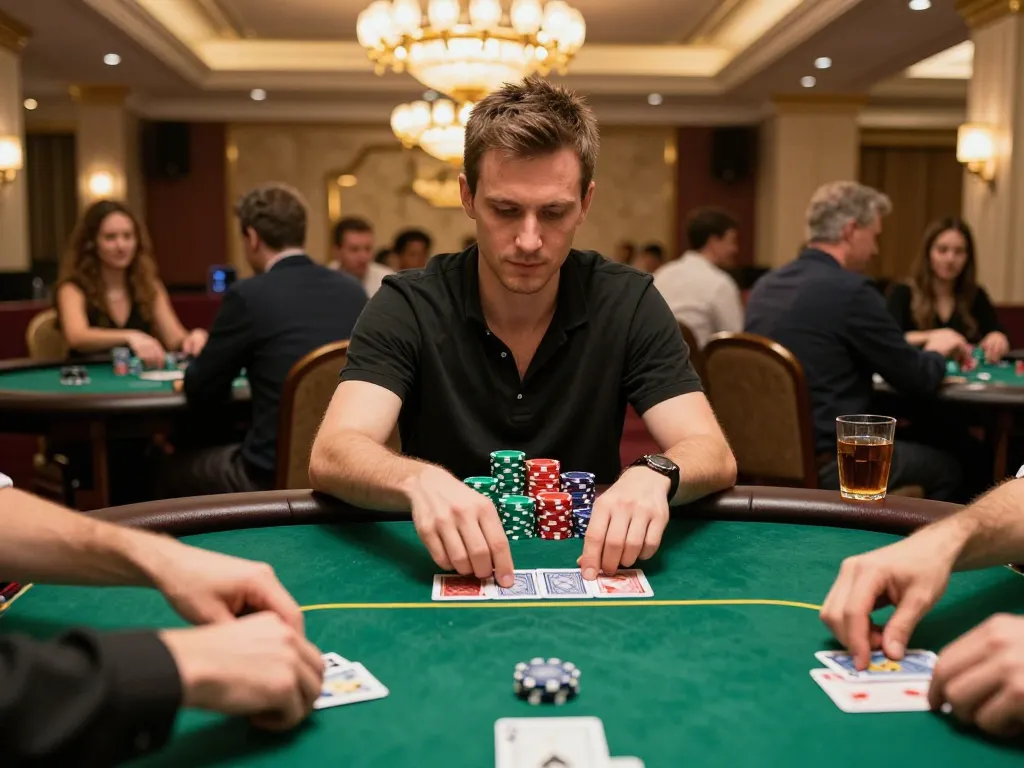 Engaging moment of a player at a poker table showcasing Game Bài Đổi Thưởng strategy with high-stakes chips