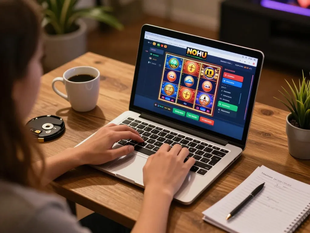 Player engages with NOHU casino interface on a sleek laptop during online gambling session