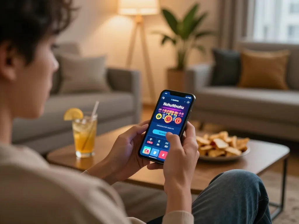 Engaging moment of mobile gaming with nohu90nohu app in stylish living room.
