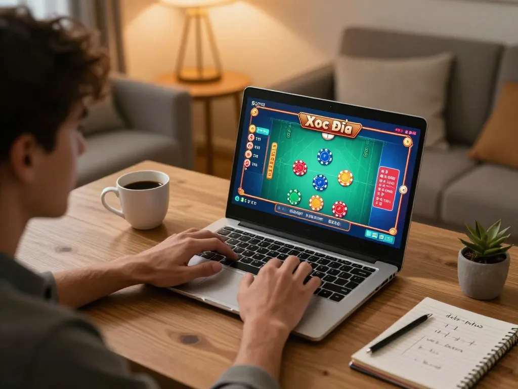Engaging in Xóc Đĩa online gameplay at home, complete with strategic notes and warm ambiance.