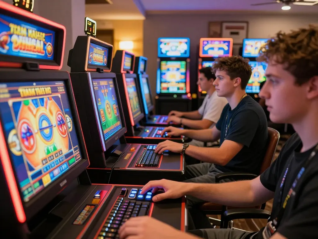 Engaged players enjoying slot gacor at home with vibrant game interfaces and spinning reels.