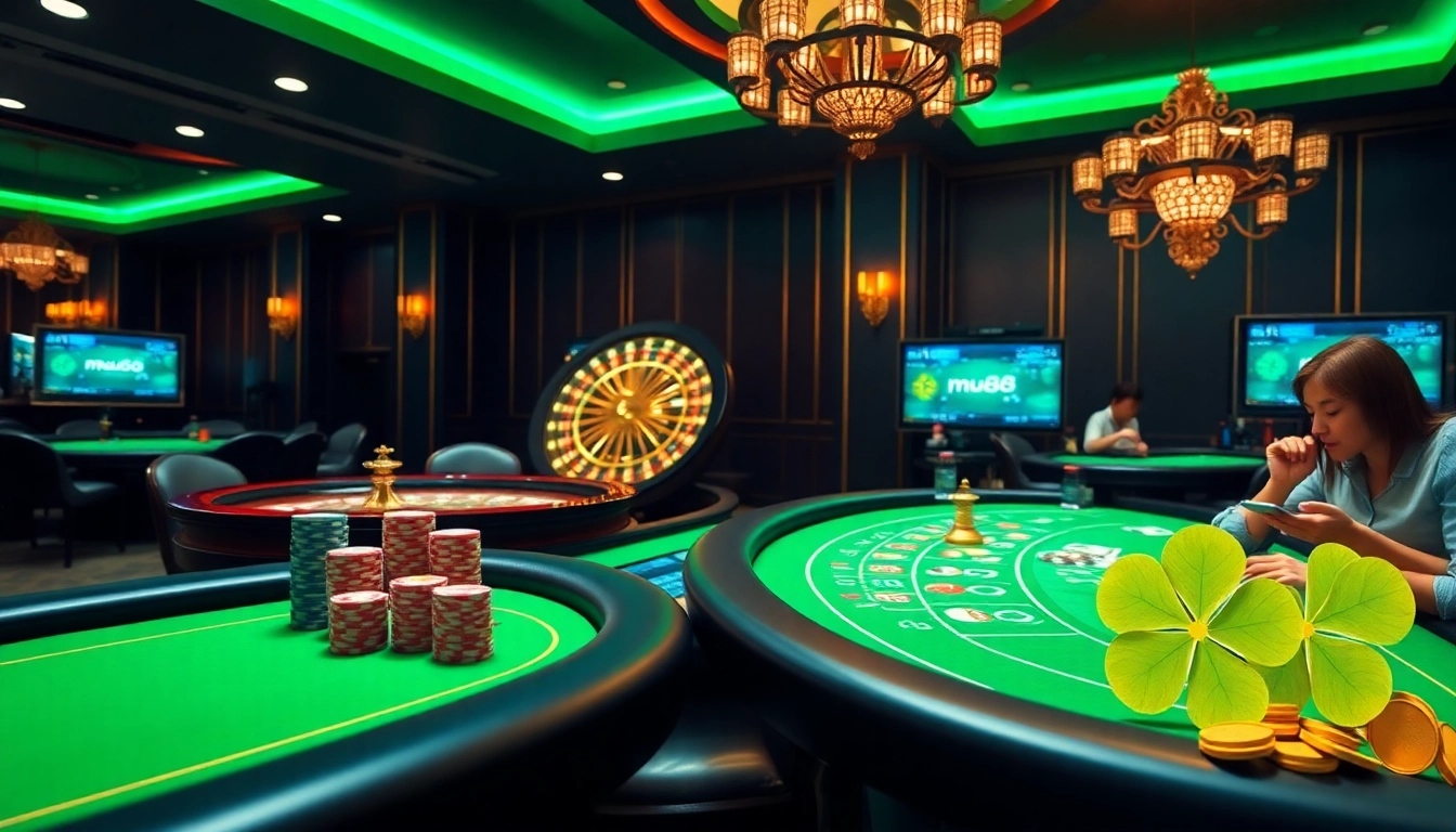 Exciting mu88 online casino atmosphere featuring poker, roulette, and vibrant gameplay.