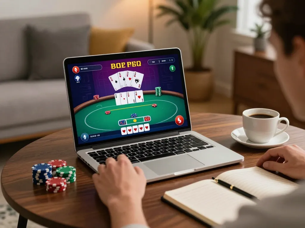 Engaging online gaming session at 789bet with player analyzing poker strategies on laptop
