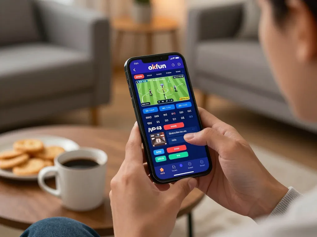Engaging live betting on okfun platform from smartphone in a cozy home setting.