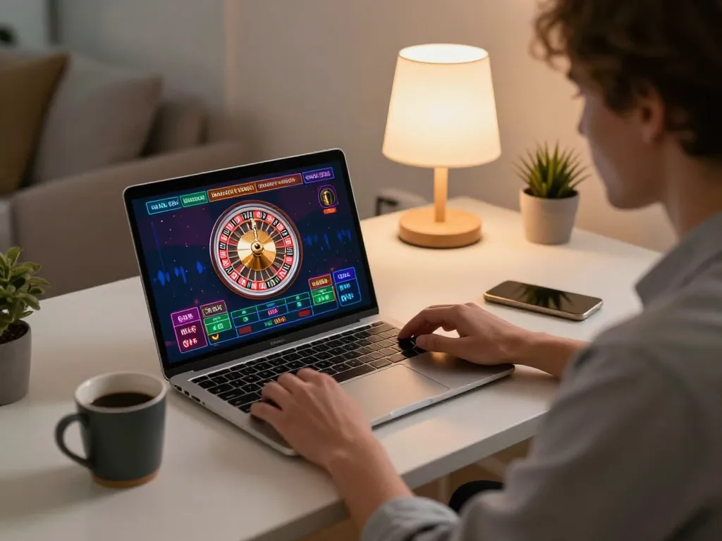 Engaging in online roulette on xo888 interface in a cozy home office setting