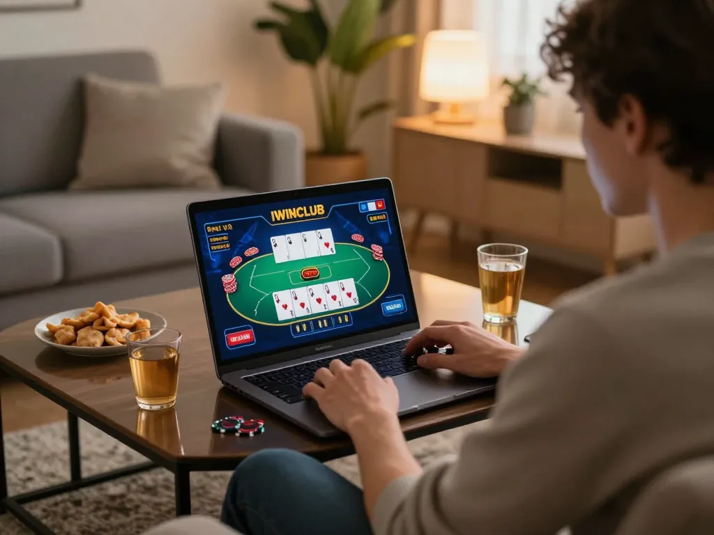 IWINCLUB online casino game being played on a laptop in a cozy home setting with strategic gameplay elements.