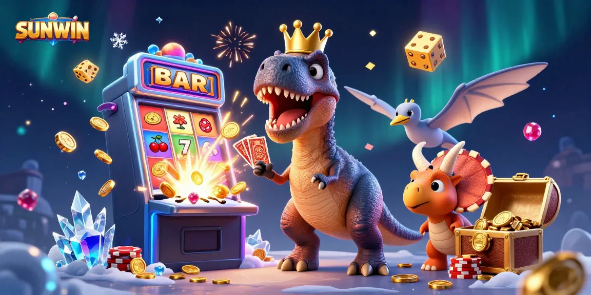 SUNWIN showcases a lively 3D scene with characters enjoying thrilling slot games and jackpot excitement.